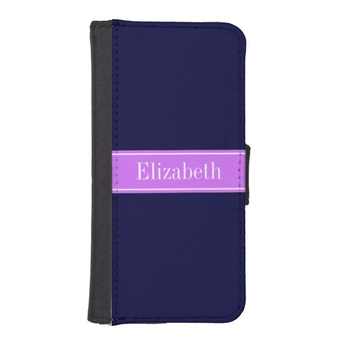Solid Navy Blue Lilac Ribbon Name Monogram iPhone SE/5/5s Wallet Case