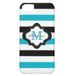 Stylish Blue Black White Stripes Custom Monogram iPhone 5C Cover