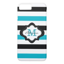 Stylish Blue Black White Stripes Custom Monogram iPhone 7 Plus Case