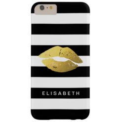 Stylish Gold Lips with Classy Black White Stripes Barely There iPhone 6 Plus Case