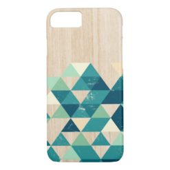 Teal Abstract geometric triangles on wood texture iPhone 7 Case