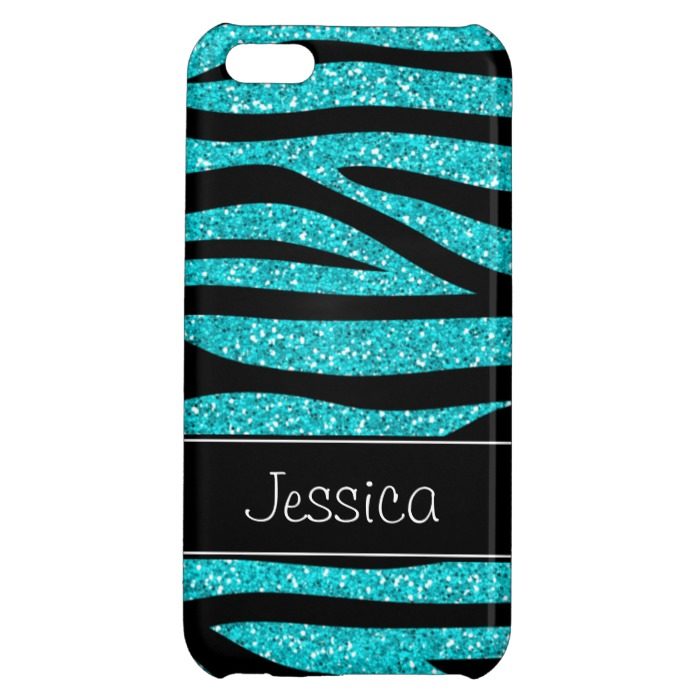 Teal Blue Faux Glitter Zebra Personalized Cover For iPhone 5C