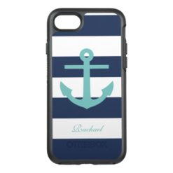 Teal and Blue Anchor and Stripes Pattern OtterBox Symmetry iPhone 7 Case