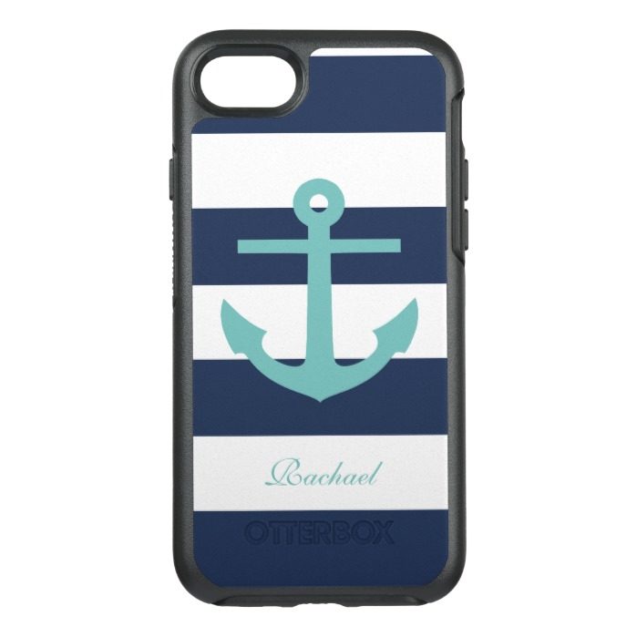 Teal and Blue Anchor and Stripes Pattern OtterBox Symmetry iPhone 7 Case