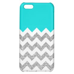 Teal and Silver Faux Glitter Chevron iPhone 5C Cases