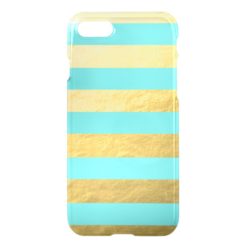 Tiffany Blue and Gold Foil Stripes Printed iPhone 7 Case