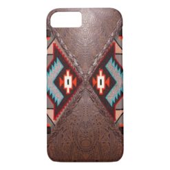 Tooled Brown Leather and Tribal Print iPhone 7 Case