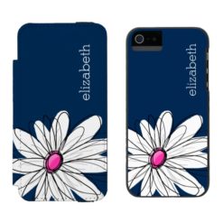 Trendy Daisy Floral Illustration - navy and pink iPhone SE/5/5s Wallet Case