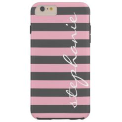 Trendy Gray Striped Pattern with Custom name Tough iPhone 6 Plus Case