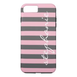 Trendy Gray Striped Pattern with Custom name iPhone 7 Plus Case