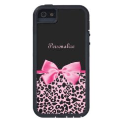Trendy Pink And Black Leopard Hot Pink Ribbon Case For iPhone SE/5/5s