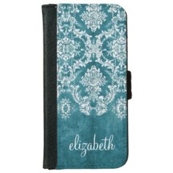 Turquoise Grungy Damask Pattern Custom Text iPhone 6/6s Wallet Case