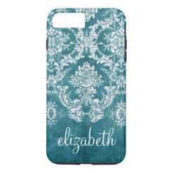 Turquoise Grungy Damask Pattern Custom Text iPhone 7 Plus Case