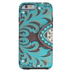 Turquoise Tooled Floral Leather Bling Diamond Prin Tough iPhone 6 Case