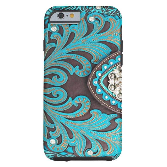 Turquoise Tooled Floral Leather Bling Diamond Prin Tough iPhone 6 Case