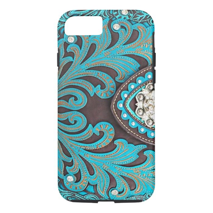 Turquoise Tooled Floral Leather Bling Diamond Prin iPhone 7 Case
