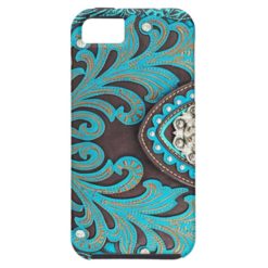 Turquoise Tooled Floral Leather Bling Diamond Prin iPhone SE/5/5s Case