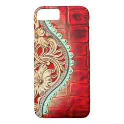 Turquoise Trim on Red Faux Alligator Leather Look iPhone 7 Case