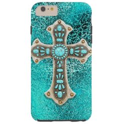 Turquoise Western Cross Leather Look Print Tough iPhone 6 Plus Case