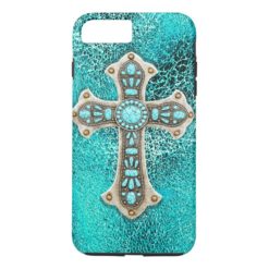 ***Turquoise Western Cross Leather Look Print iPhone 7 Plus Case