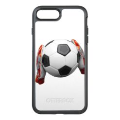 Two goal keepers gloves holding a football OtterBox symmetry iPhone 7 plus case