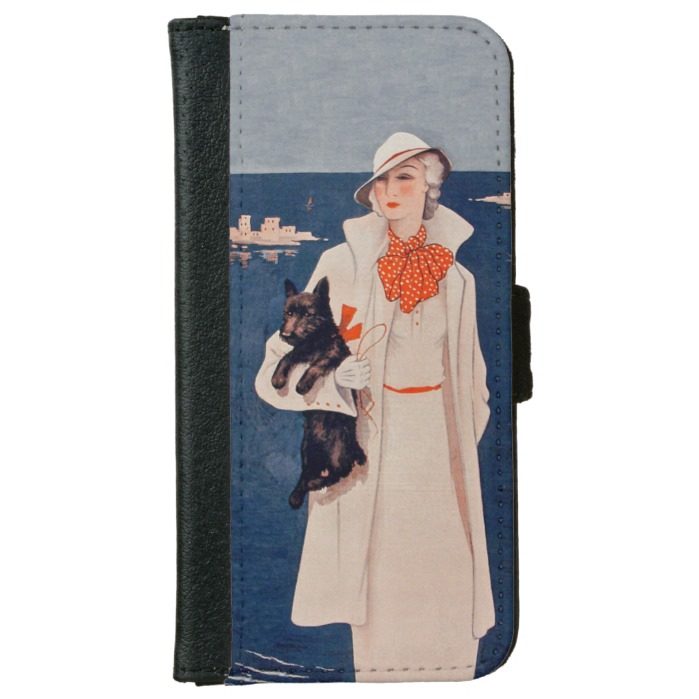 Vintage Lady White Suit Scotty Terrier Dog Ocean Wallet Phone Case For iPhone 6/6s