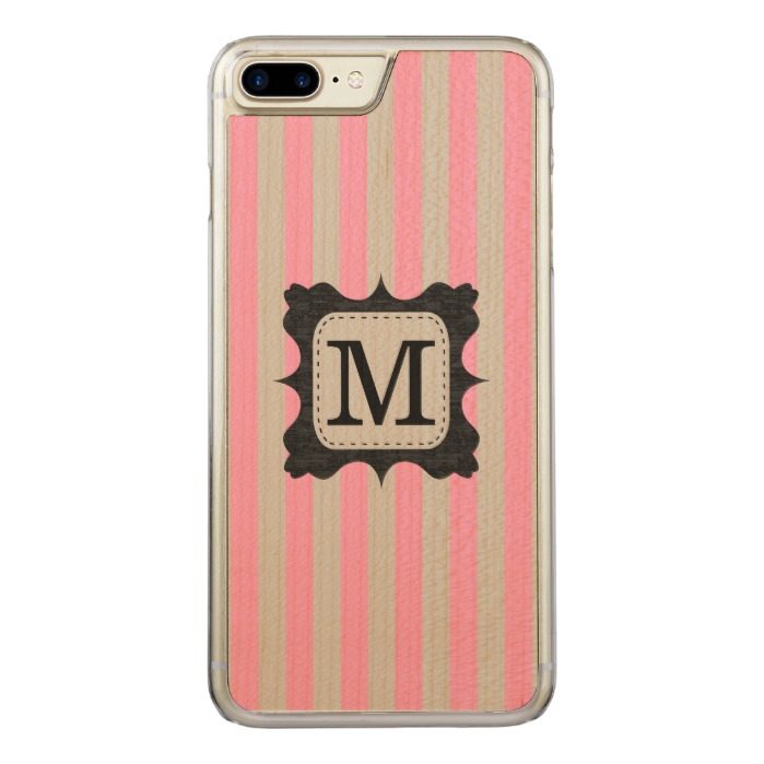 Vintage Pink Stripes Pattern Black Monogram Carved iPhone 7 Plus Case