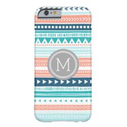 Vintage Tribal Stripes Pattern Coral Blue Monogram Barely There iPhone 6 Case