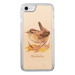 Watercolor Wren Bird Name Carved iPhone 7 Case