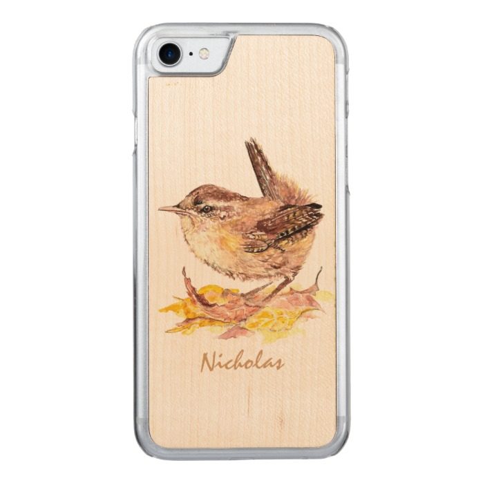 Watercolor Wren Bird Name Carved iPhone 7 Case