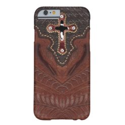 Western Cowhide Cross on Brown Leather Look Barely There iPhone 6 Case