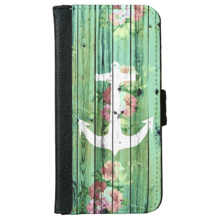 White anchor floral summer green rustic wood iPhone 6/6s wallet case