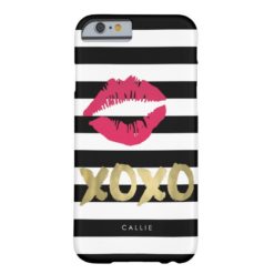 XOXO Pink Lip Print Black & White Stripe Barely There iPhone 6 Case