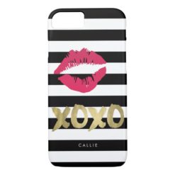 XOXO Pink Lip Print Black & White Stripe iPhone 7 Case