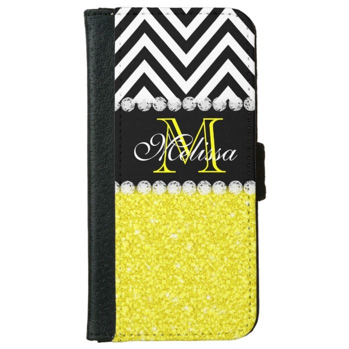 YELLOW GLITTER BLACK CHEVRON MONOGRAMMED WALLET PHONE CASE FOR iPhone 6/6S