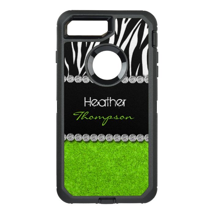 Zebra Bling Glitter Colorful Lime Green OtterBox Defender iPhone 7 Plus Case