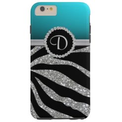 Zebra Glitter Monogram Teal Turquoise Tough iPhone 6 Plus Case