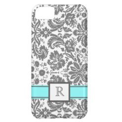 iPhone5 Custom Monogram Grey Aqua Floral Damask Case For iPhone 5C