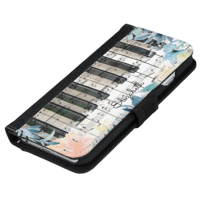 modern watercolor flowers music piano keyboard iPhone 6/6s wallet case