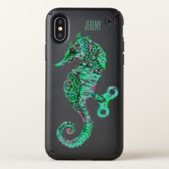 Aqua Steampunk Seahorse "Your Name" iPhone Case