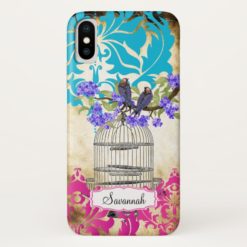 Birdcage Bird Pink Aqua Damask iPhone X Case