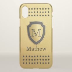 Black Gold Shield Monogram Name Star Pattern Manly iPhone X Case