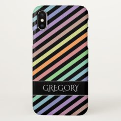 Black & Pastel Color Lines Pattern + Custom Name iPhone X Case