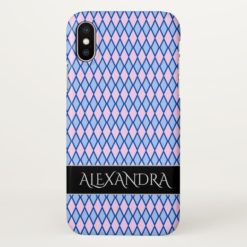 Blue and Pink Diamond Shape Pattern + Custom Name iPhone X Case