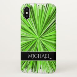 Burst of Green Lines Pattern + Custom Name iPhone X Case