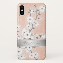 Cherry Blossoms Rose Gold Monogram Bling iPhone X Case