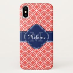 Coral Pink Wht Moroccan Pattern Navy Monogram iPhone X Case