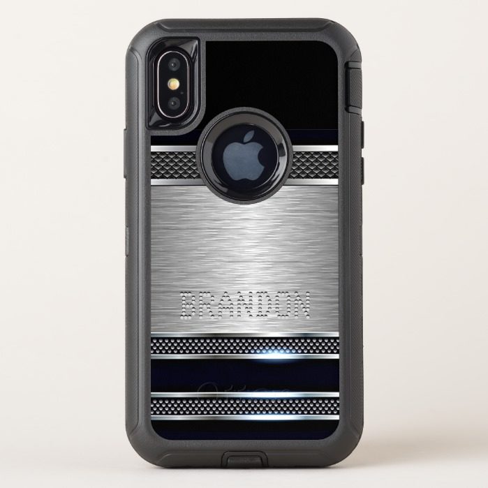 Custom Modern Faux Shiny Metal Stripes Pattern OtterBox Defender iPhone X Case