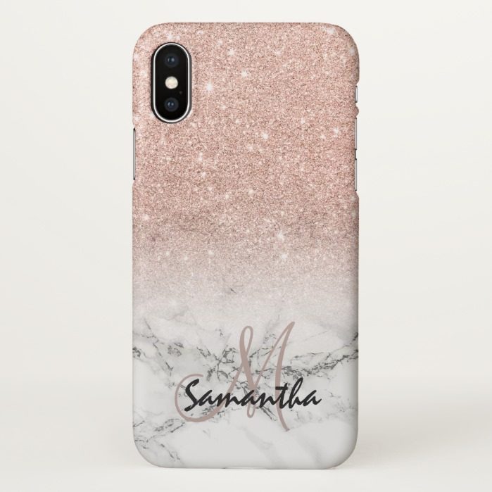 Custom faux rose pink glitter ombre white marble iPhone x Case