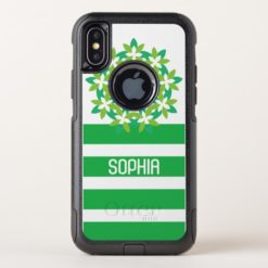 Cute Chic Green Floral Stripes Name OtterBox Commuter iPhone X Case